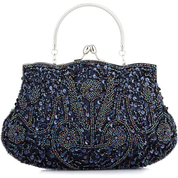 BEADED Sequin Flower Clutch Bag Blue - Picture 1 of 9